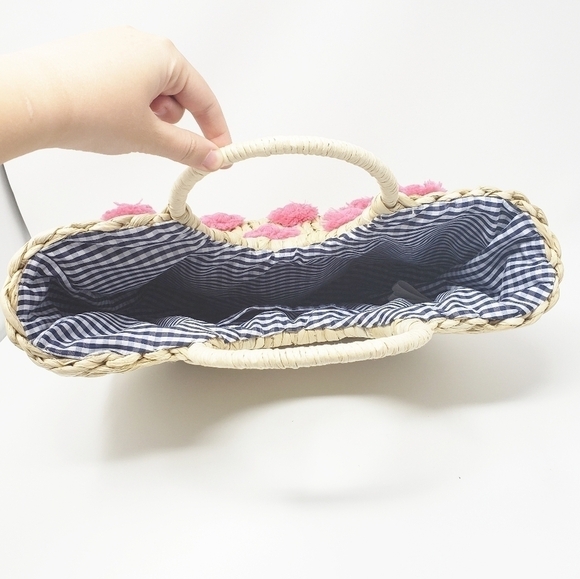 Summer rattan beach tote bag with pom pom barbiecore pink - Picture 6 of 7